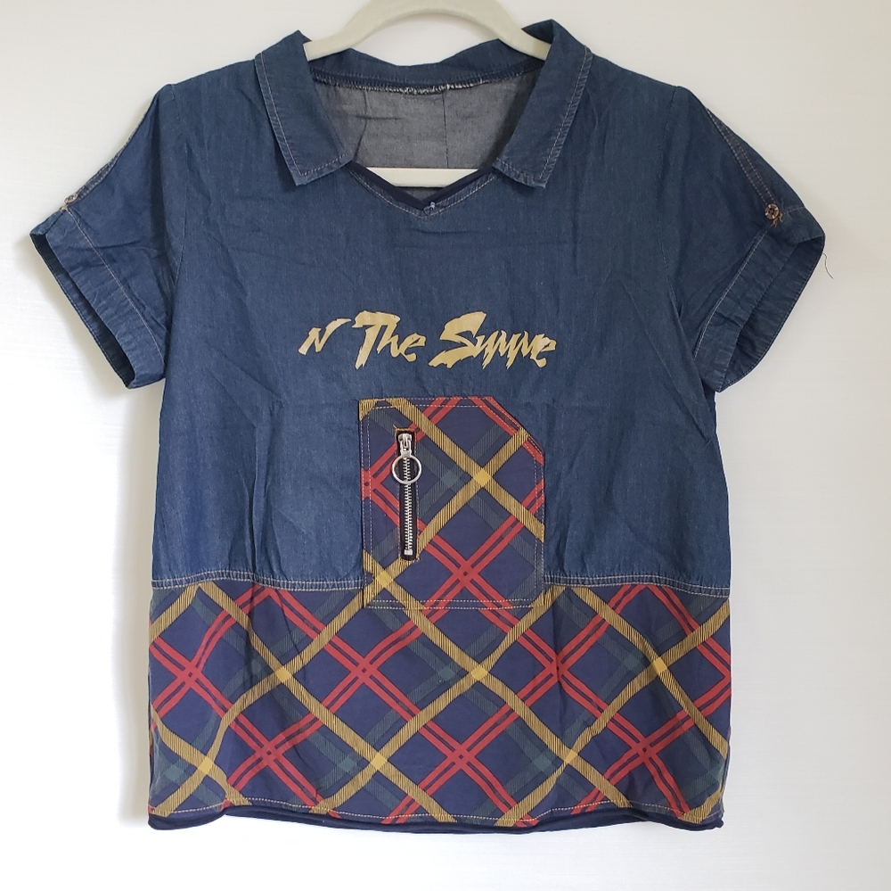y2k unique blue denim shirt with plaid pocket and spellout, zipper, detail